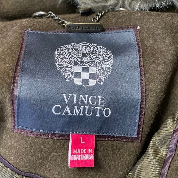 Vince Camuto Olive Green Wool Faux Fur Collar Long Sleeve Trench Coat Jacket L - Picture 4 of 5